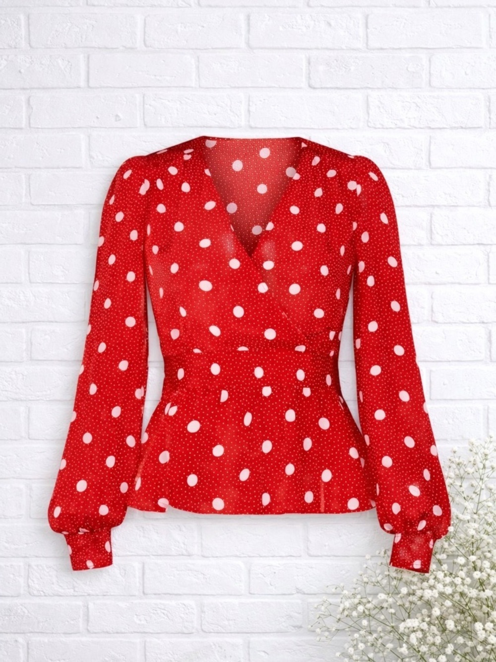 The Kooples Red Polka Dot Faux Wrap Top Size 3=L